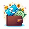 EMI icon with a wallet and Indian Rupee Notes popping out EMI icon with a wallet and Indian Rupee Notes popping out